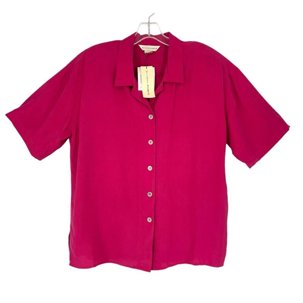 Sueded Silk Blouse Magenta Melrose Studio Medium NEW Button Front Short Sleeve